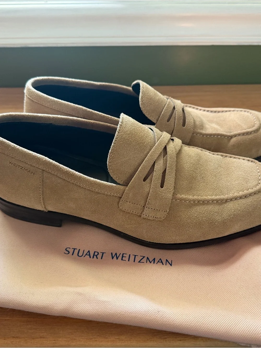 Stuart Weitzman Mens Suede Penny Loafers in Light Tan